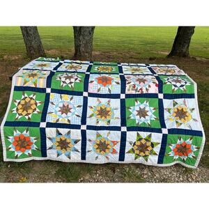 Vintage Eight Point Star Quilt Hand Sewn 70x84 Blue Green Farmhouse Cottage